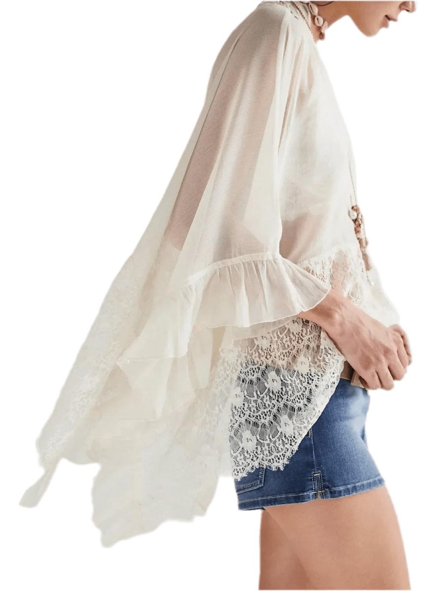 Lace V-Neck Ruffle Cover-Up - Beach Blouse - minbolu -