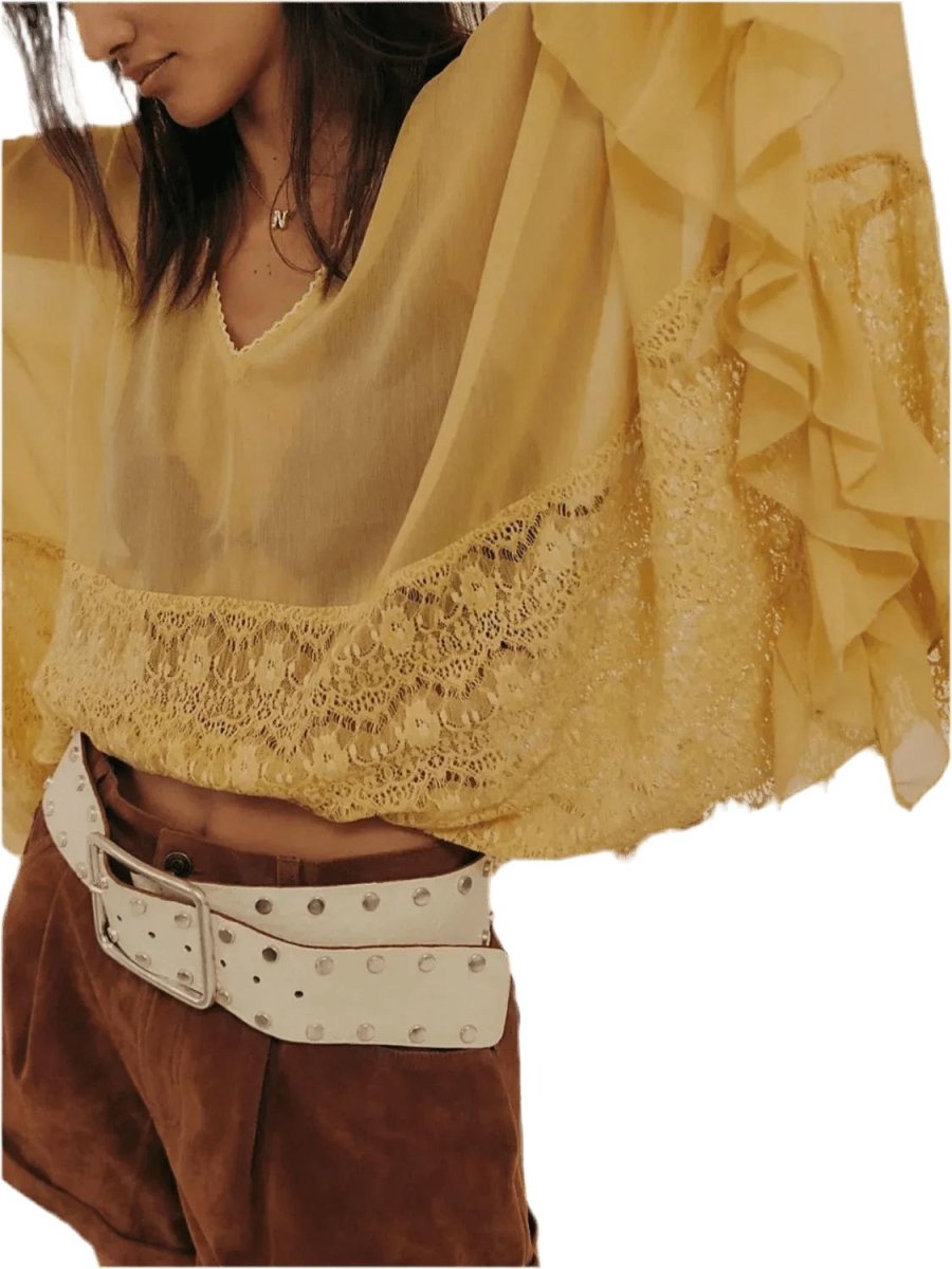 Lace V-Neck Ruffle Cover-Up - Beach Blouse - minbolu -