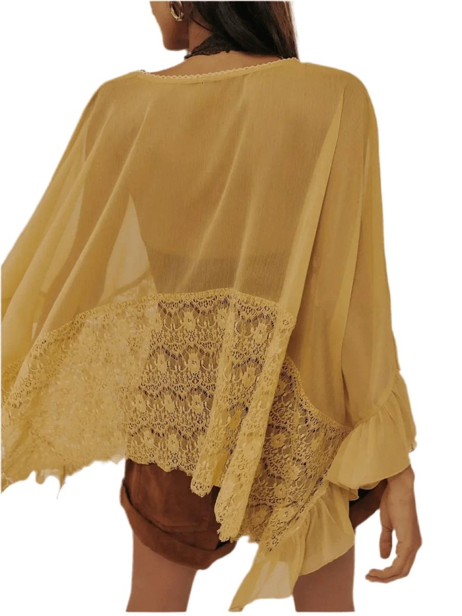 Lace V-Neck Ruffle Cover-Up - Beach Blouse - minbolu -