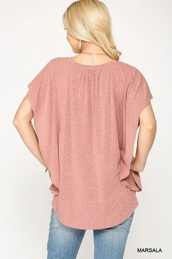 Leopard Jacquard Knit Jersey Top With Front Tie, Ruffled Sleeve - minbolu