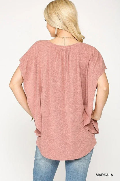 Leopard Jacquard Knit Jersey Top With Front Tie, Ruffled Sleeve - minbolu