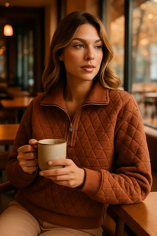 Lifestyle photo of clay quilted pullover sweatshirt