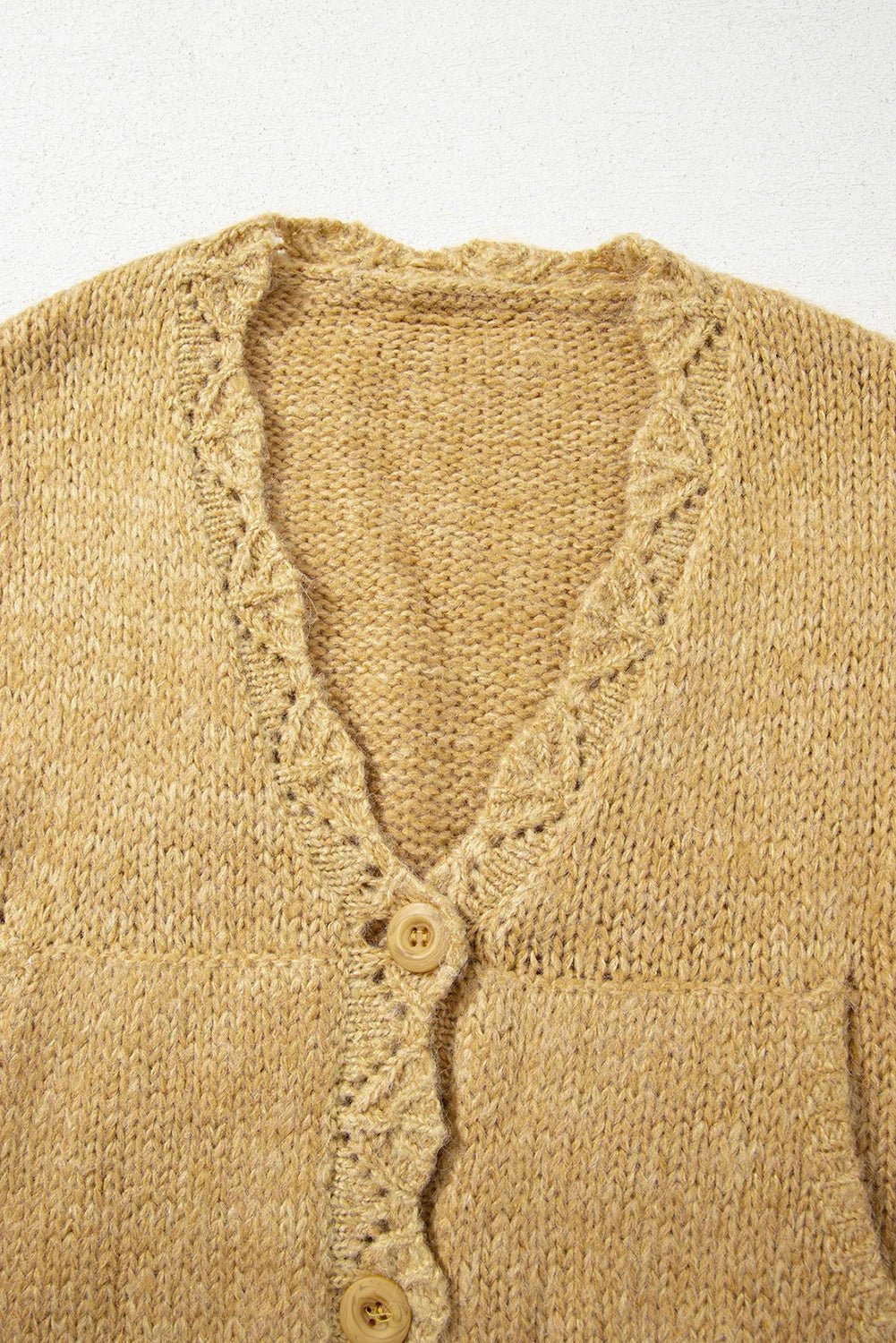 Light French Beige Lantern Sleeve Scallop V Neck Buttoned Front Cardigan - minbolu -
