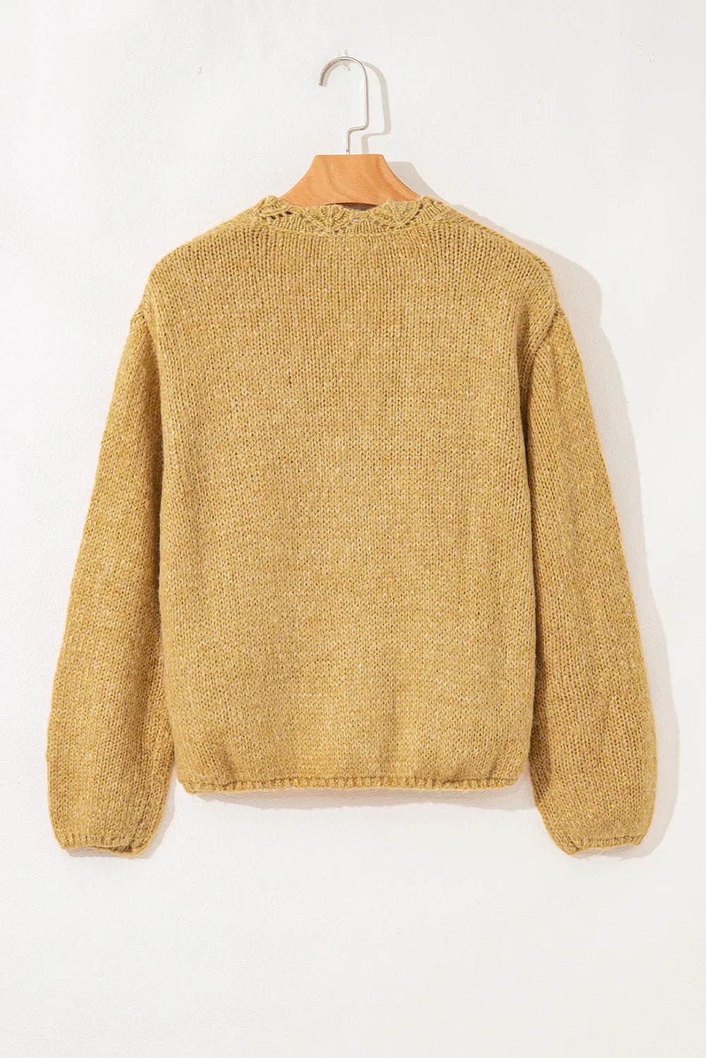 Light French Beige Lantern Sleeve Scallop V Neck Buttoned Front Cardigan - minbolu -