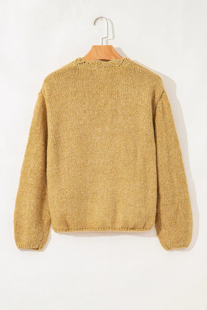 Light French Beige Lantern Sleeve Scallop V Neck Buttoned Front Cardigan - minbolu -