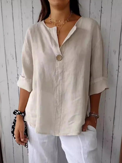 Linen Blend Notched Blouse - Lightweight Minimalist Top for Women - minbolu -