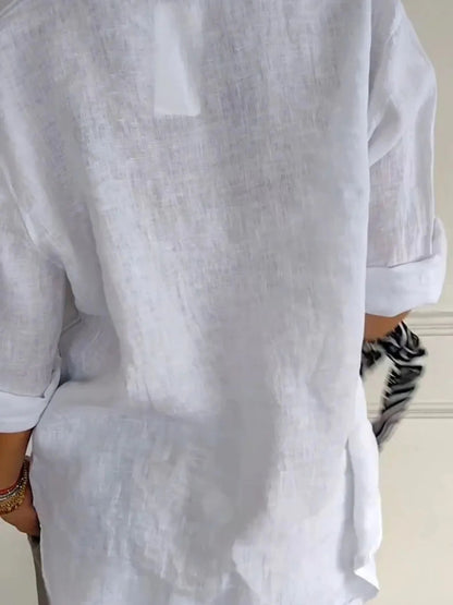 Linen Blend Notched Blouse - Lightweight Minimalist Top for Women - minbolu -