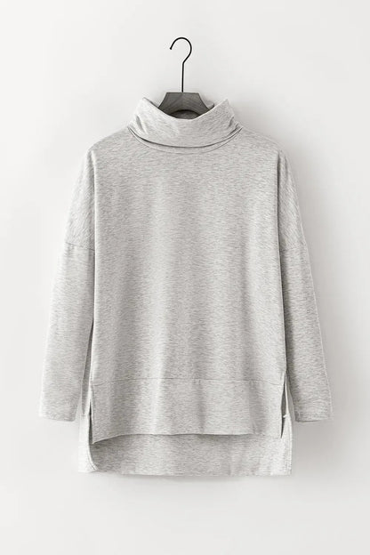 Long Sleeve Blouse - Side Slit High - Low Cowl Neck Style - minbolu