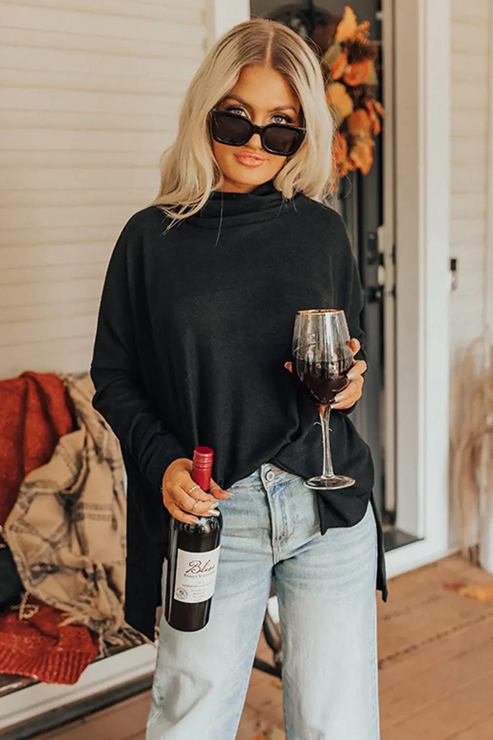 Long Sleeve Blouse - Side Slit High - Low Cowl Neck Style - minbolu