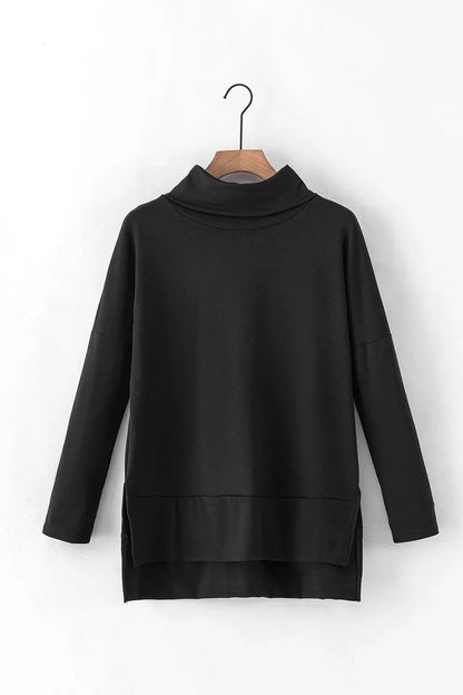 Long Sleeve Blouse - Side Slit High - Low Cowl Neck Style - minbolu