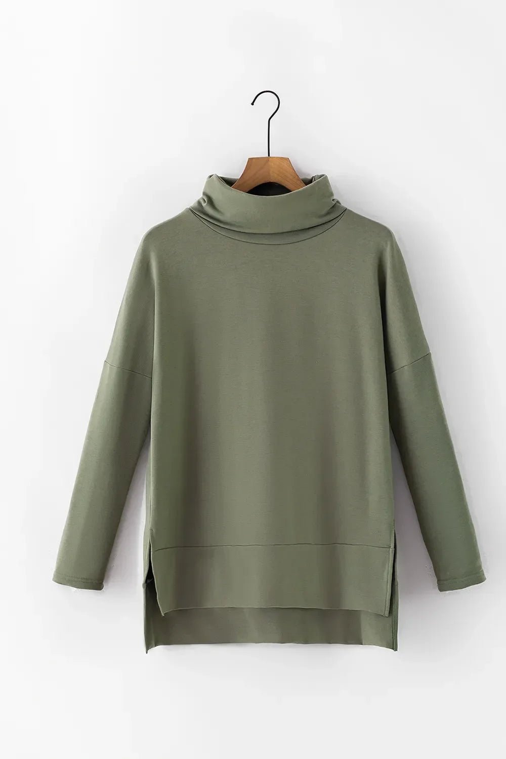 Long Sleeve Blouse - Side Slit High - Low Cowl Neck Style - minbolu