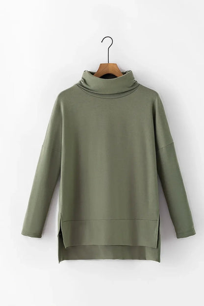 Long Sleeve Blouse - Side Slit High - Low Cowl Neck Style - minbolu