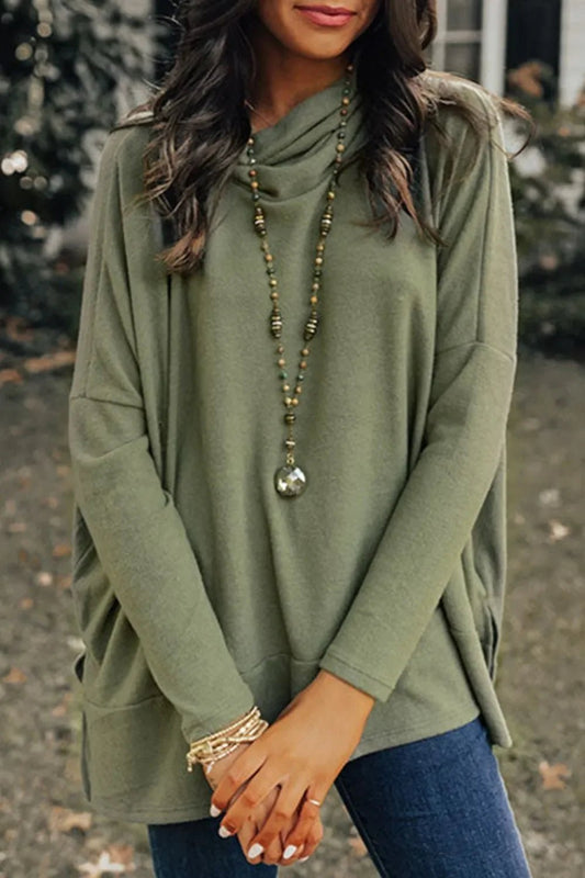 Long Sleeve Blouse - Side Slit High - Low Cowl Neck Style - minbolu