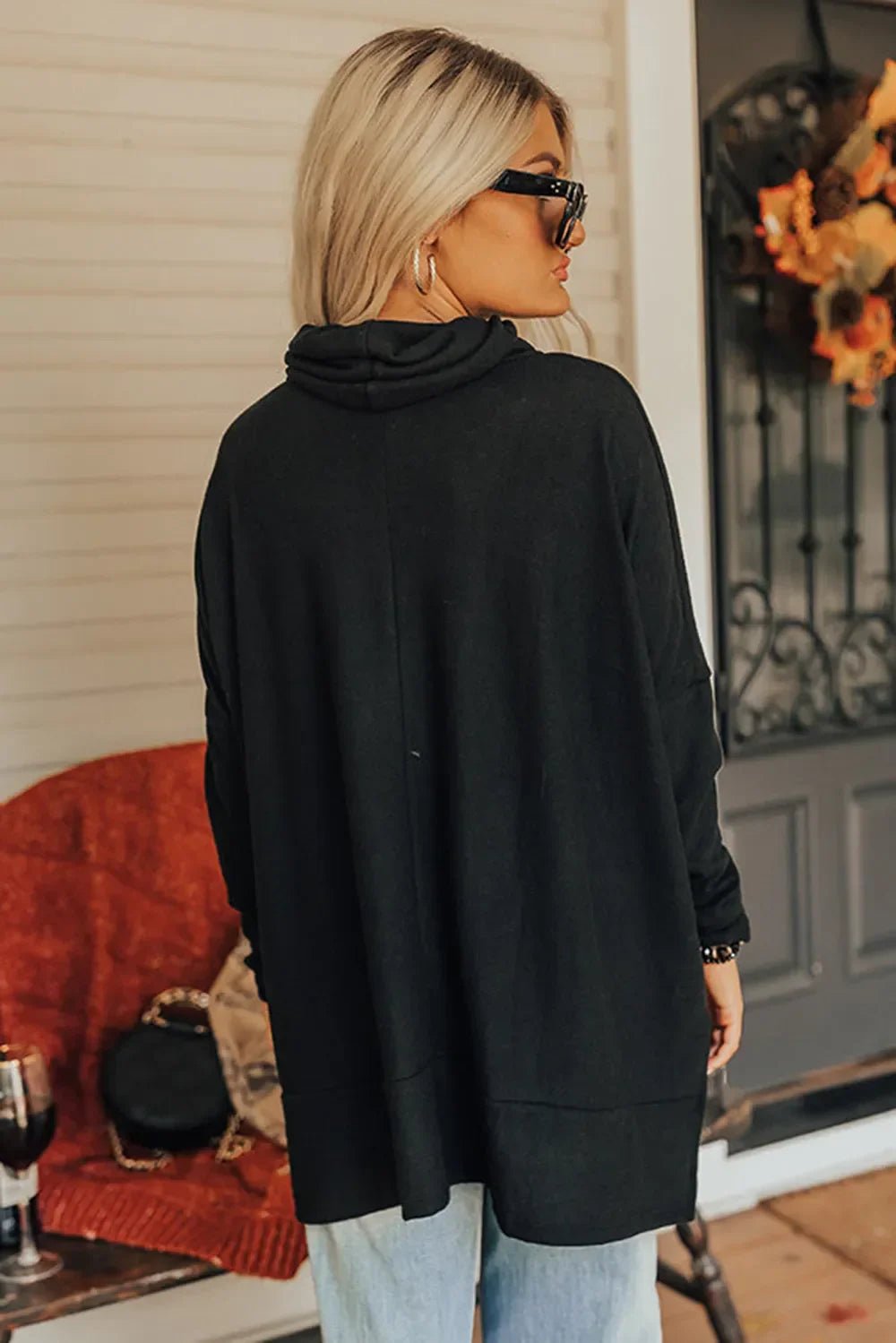 Long Sleeve Blouse - Side Slit High - Low Cowl Neck Style - minbolu