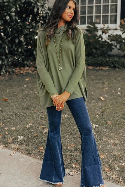 Long Sleeve Blouse - Side Slit High - Low Cowl Neck Style - minbolu
