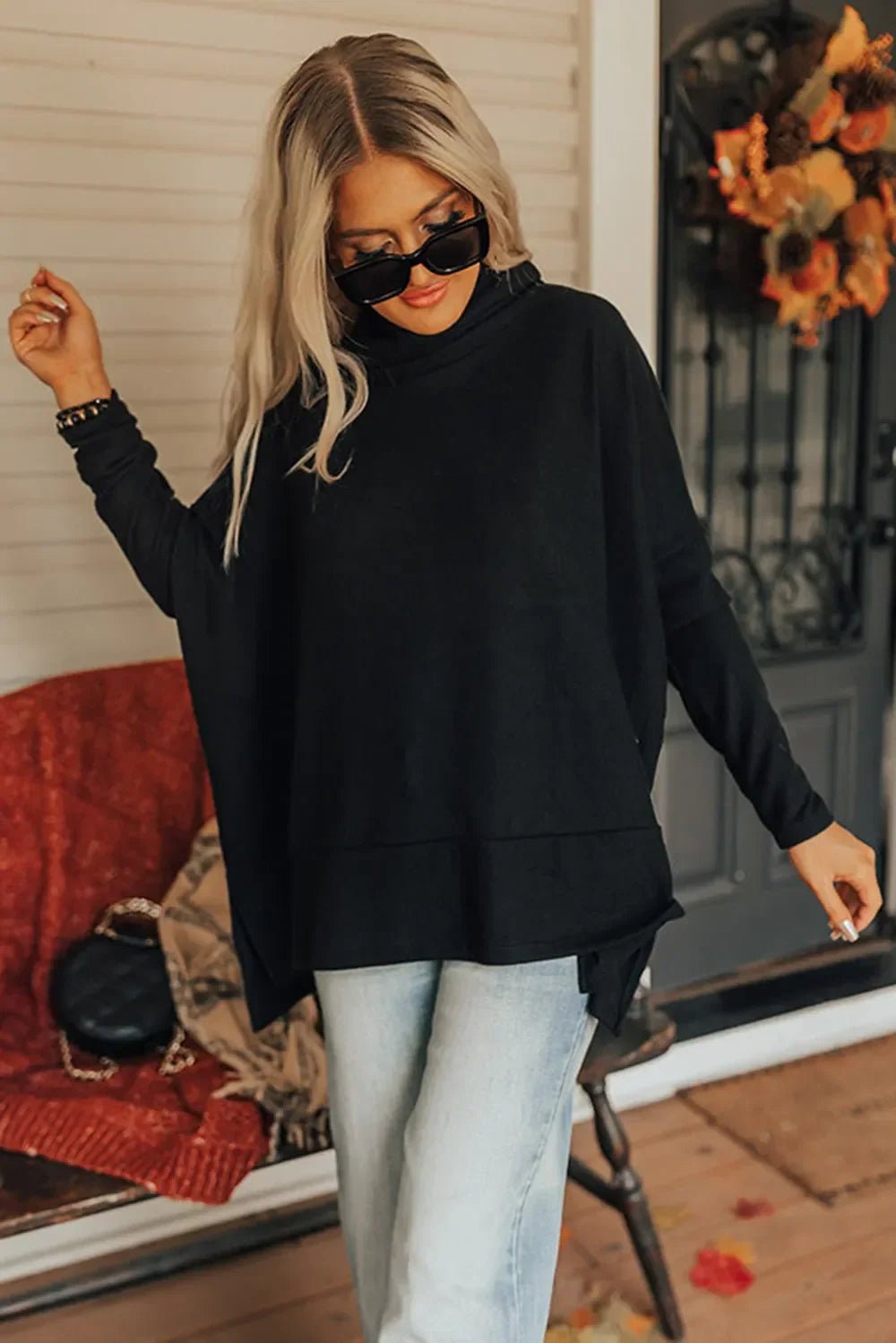Long Sleeve Blouse - Side Slit High - Low Cowl Neck Style - minbolu