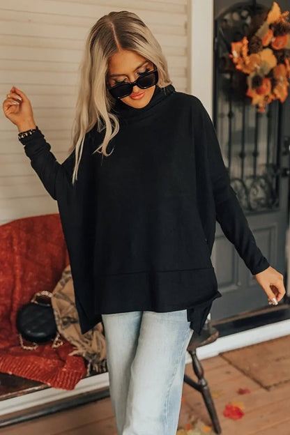 Long Sleeve Blouse - Side Slit High - Low Cowl Neck Style - minbolu