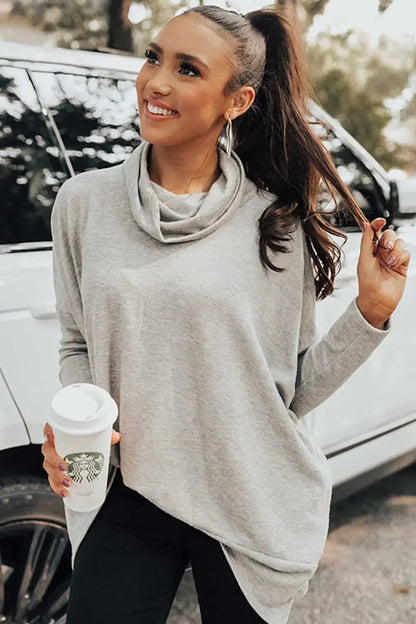 Long Sleeve Blouse - Side Slit High - Low Cowl Neck Style - minbolu