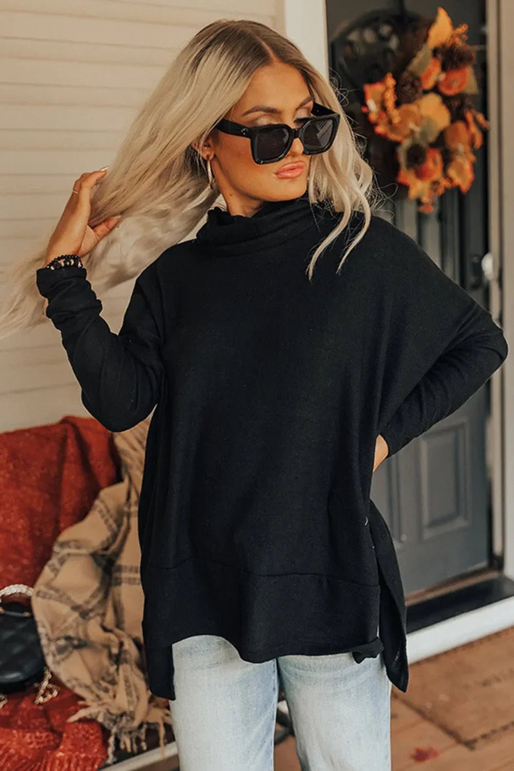 Long Sleeve Blouse - Side Slit High - Low Cowl Neck Style - minbolu