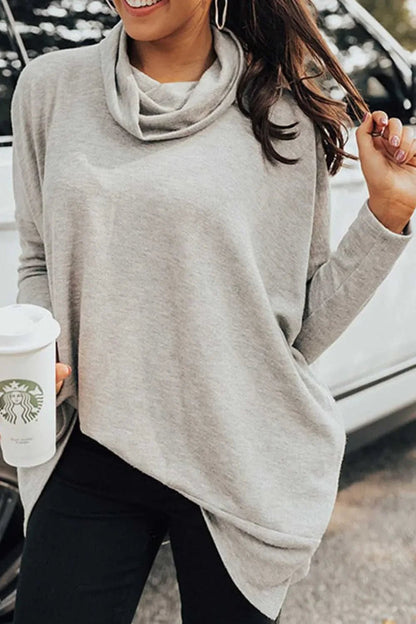 Long Sleeve Blouse - Side Slit High - Low Cowl Neck Style - minbolu