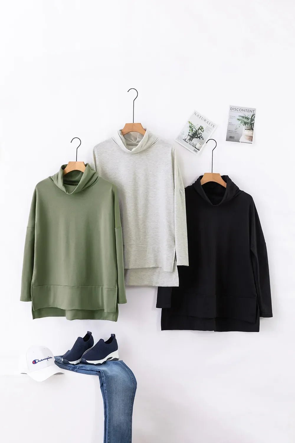 Long Sleeve Blouse - Side Slit High - Low Cowl Neck Style - minbolu