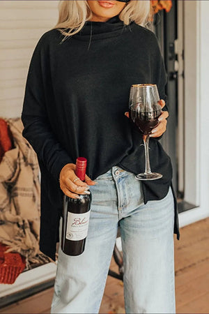 Long Sleeve Blouse - Side Slit High-Low Cowl Neck Style - minbolu -