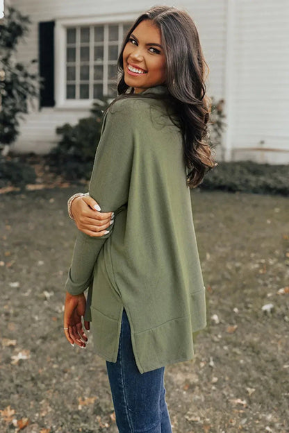 Long Sleeve Blouse - Side Slit High - Low Cowl Neck Style - minbolu