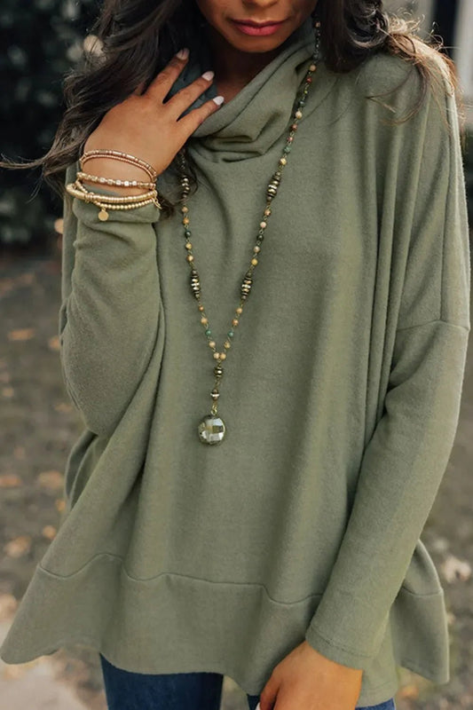 Long Sleeve Blouse - Side Slit High - Low Cowl Neck Style - minbolu