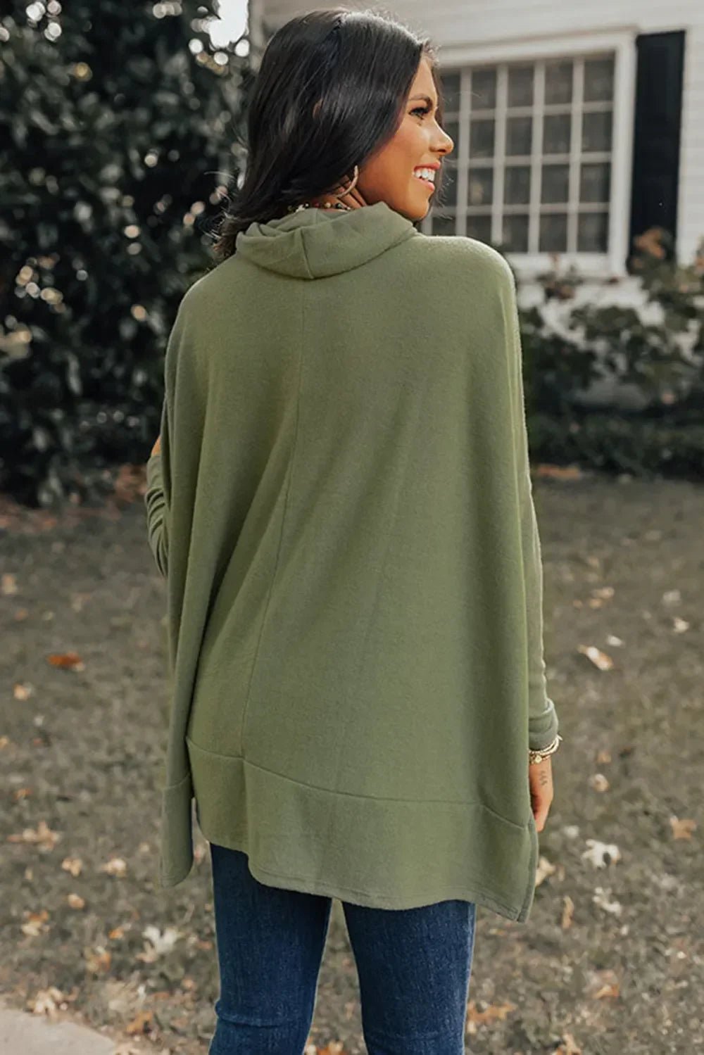 Long Sleeve Blouse - Side Slit High - Low Cowl Neck Style - minbolu