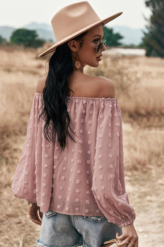 Long Sleeve Off Shoulder Swiss Dot Top - Feminine Loose Blouse - minbolu