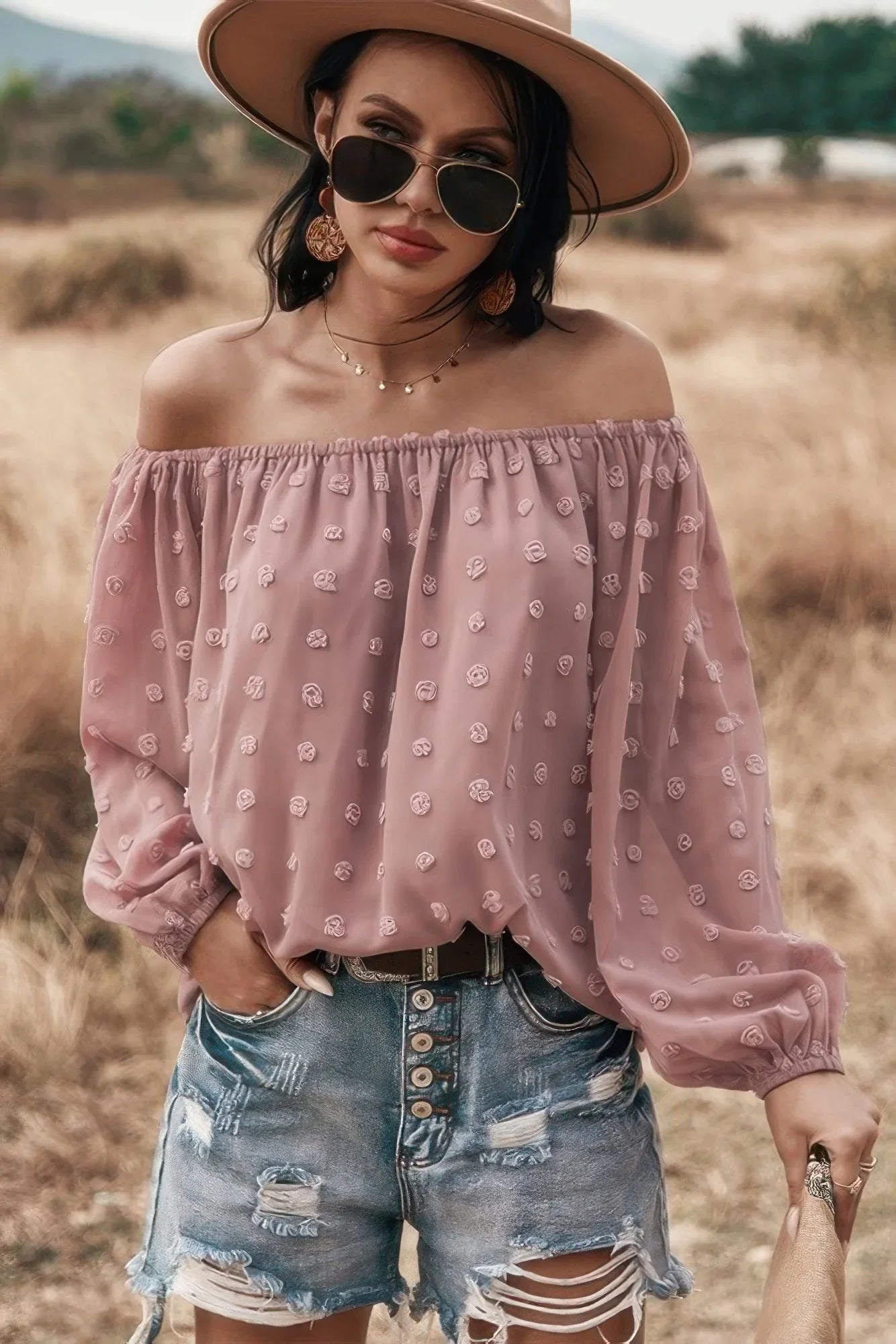 Long Sleeve Off Shoulder Swiss Dot Top - Feminine Loose Blouse - minbolu -