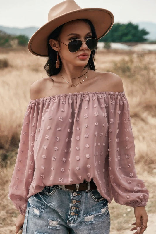 Long Sleeve Off Shoulder Swiss Dot Top - Feminine Loose Blouse - minbolu