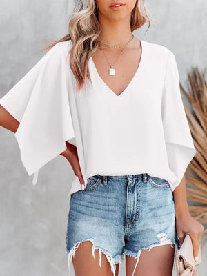 Loose-Fitting Blouse - Women's V-Neck Short-Sleeve Boho Style - minbolu -