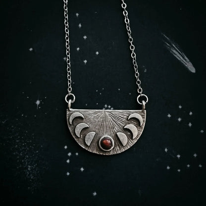 Lunar Eclipse Half Circle Pendant Necklace with Moon Phases and Black Opal - minbolu