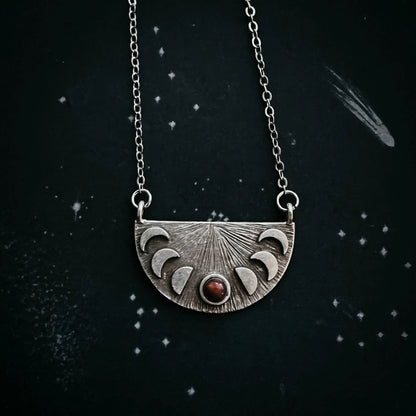 Lunar Eclipse Half Circle Pendant Necklace with Moon Phases and Black Opal - minbolu