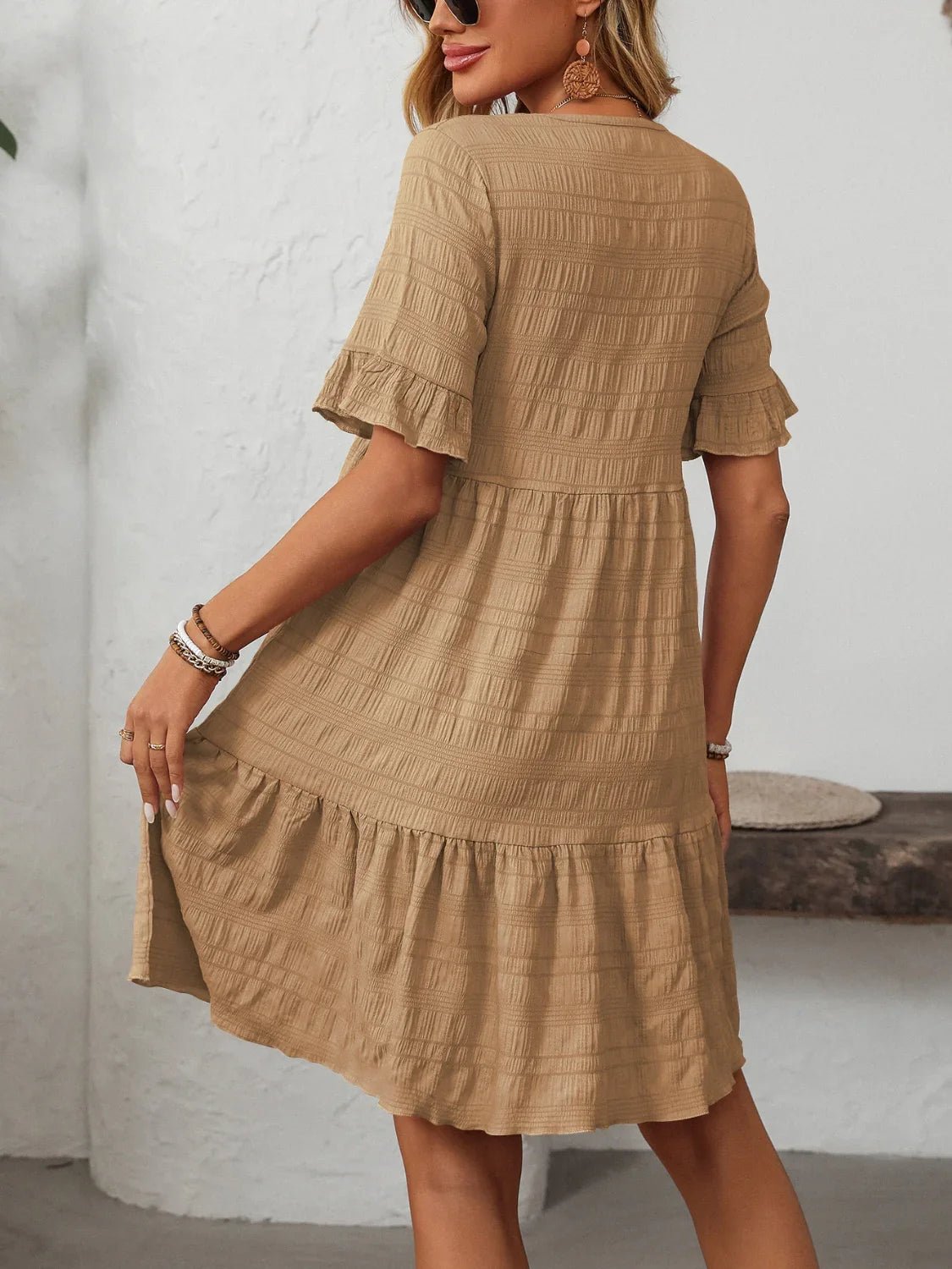 Mandy Ruched Half Sleeve Boho Dress - minbolu