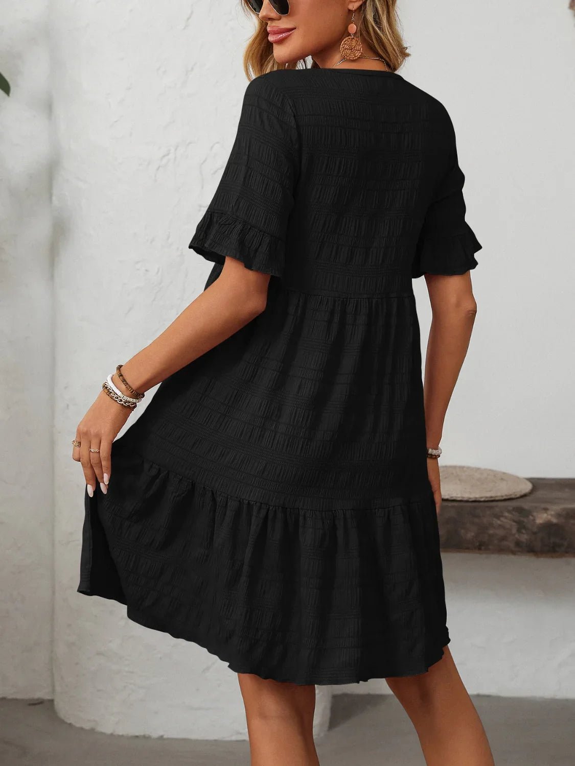 Mandy Ruched Half Sleeve Boho Dress - minbolu