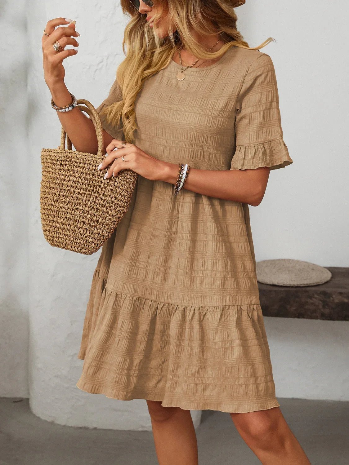 Mandy Ruched Half Sleeve Boho Dress - minbolu