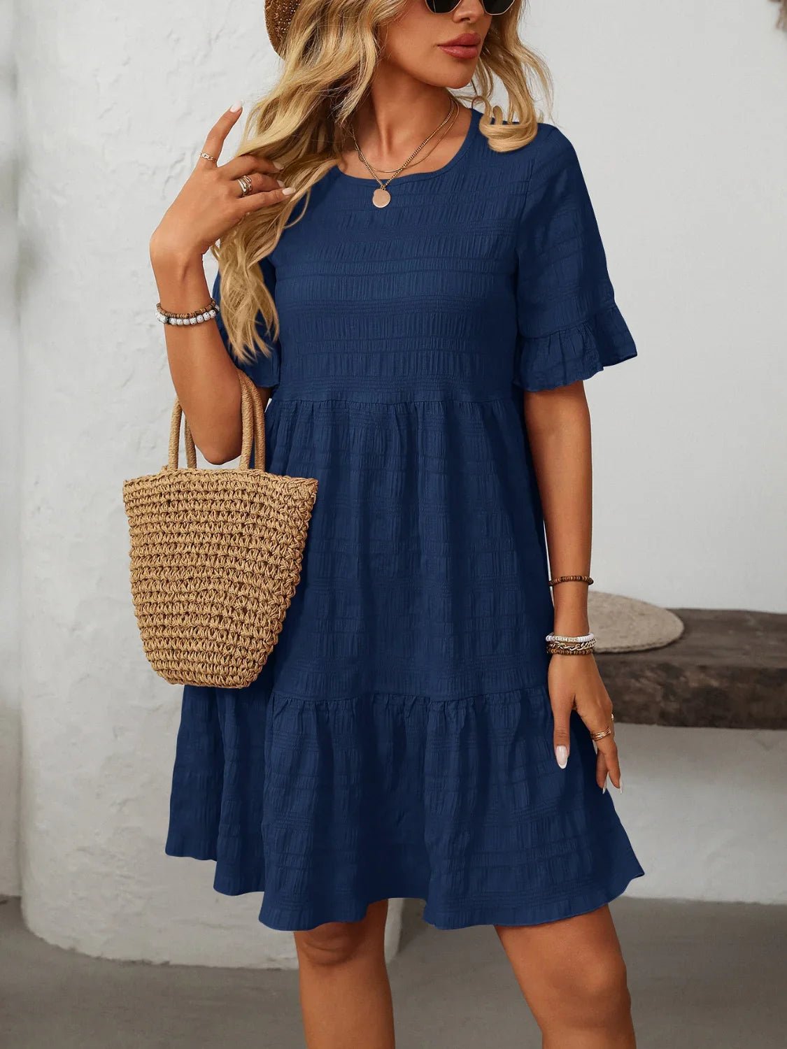 Mandy Ruched Half Sleeve Boho Dress - minbolu