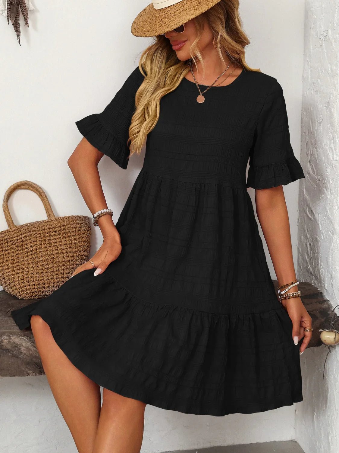 Mandy Ruched Half Sleeve Boho Dress - minbolu