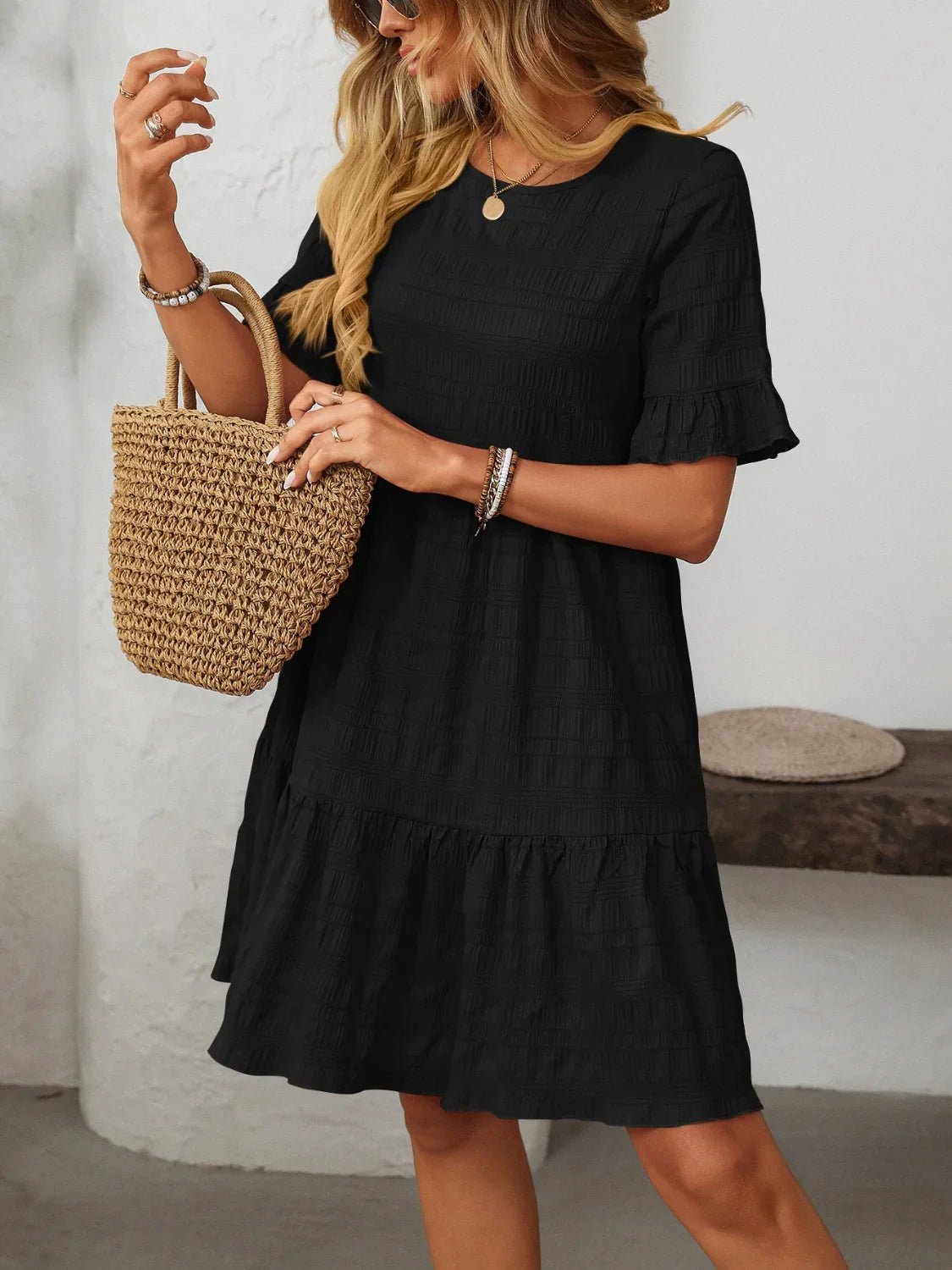 Mandy Ruched Half Sleeve Boho Dress - minbolu