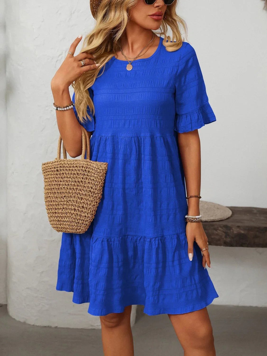 Mandy Ruched Half Sleeve Boho Dress - minbolu