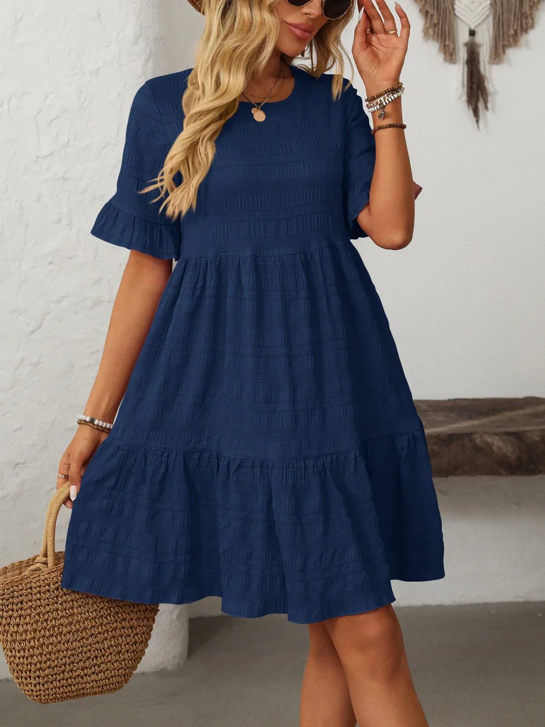 Mandy Ruched Half Sleeve Boho Dress - minbolu