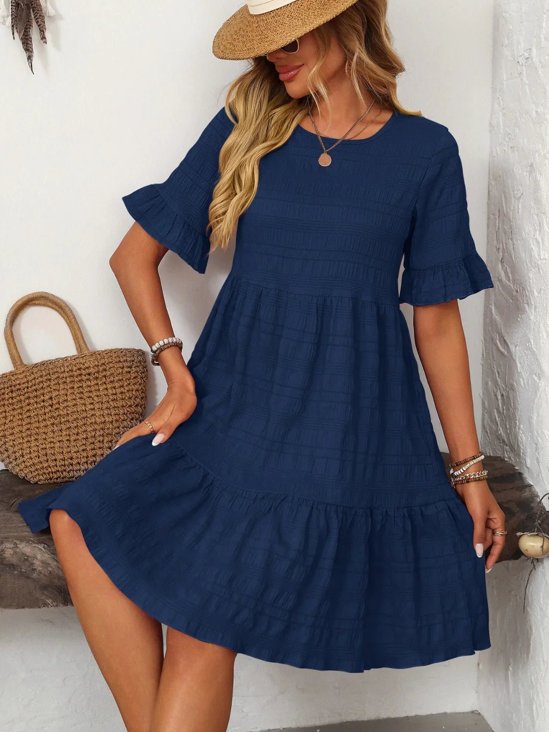 Mandy Ruched Half Sleeve Boho Dress - minbolu
