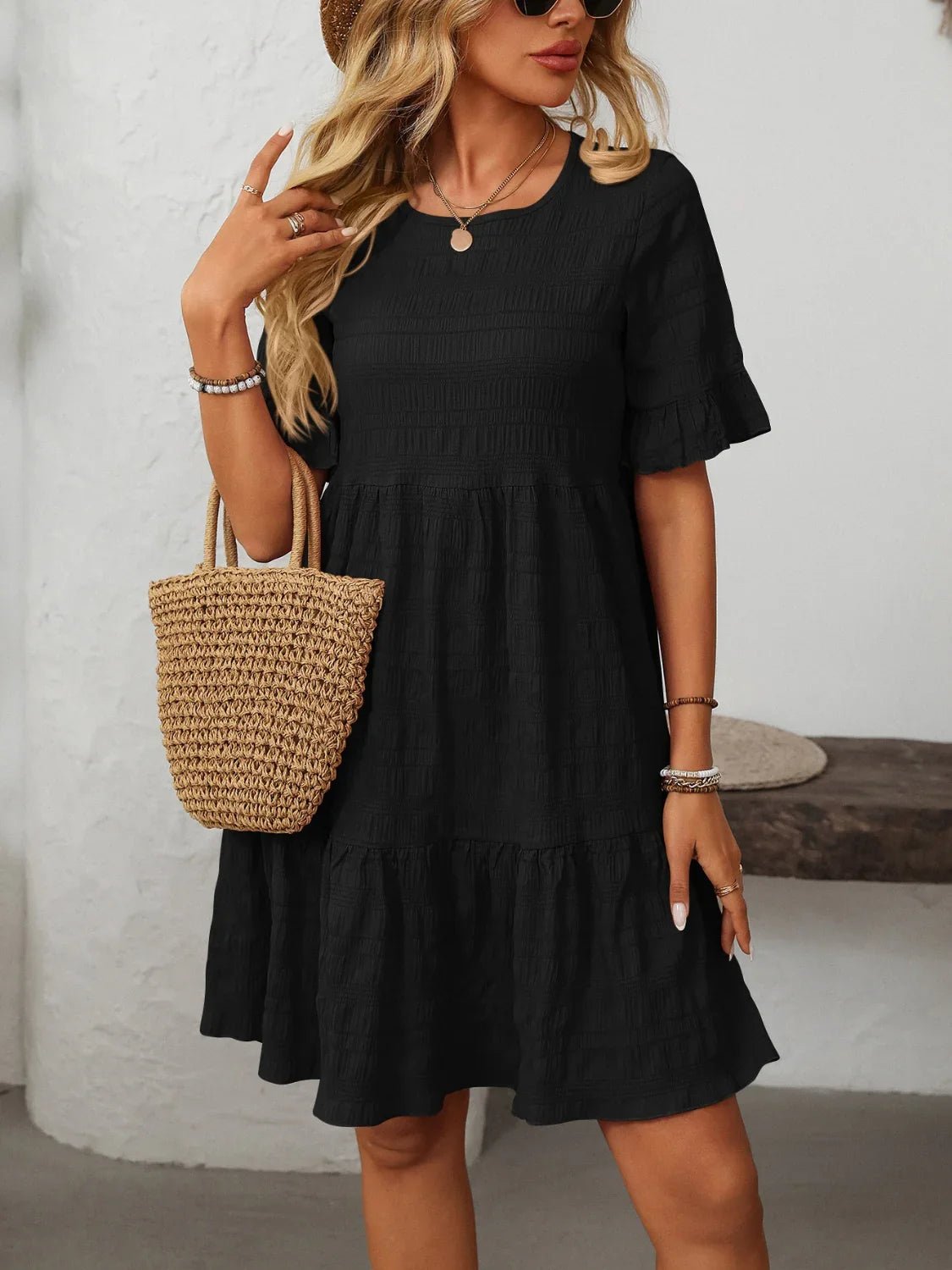 Mandy Ruched Half Sleeve Boho Dress - minbolu