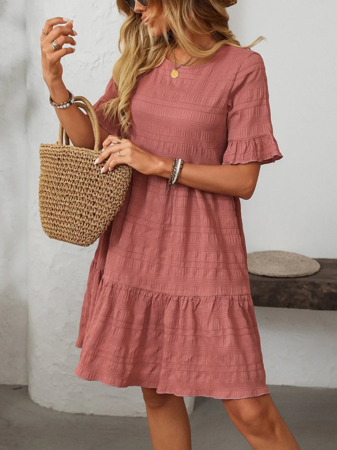 Mandy Ruched Half Sleeve Boho Dress - minbolu