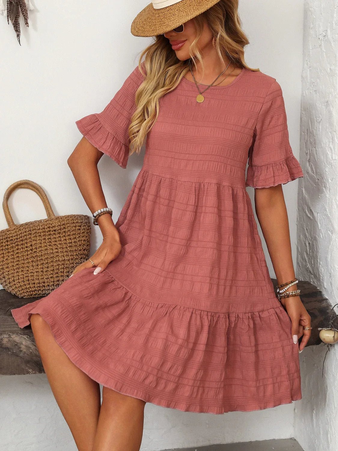 Mandy Ruched Half Sleeve Boho Dress - minbolu