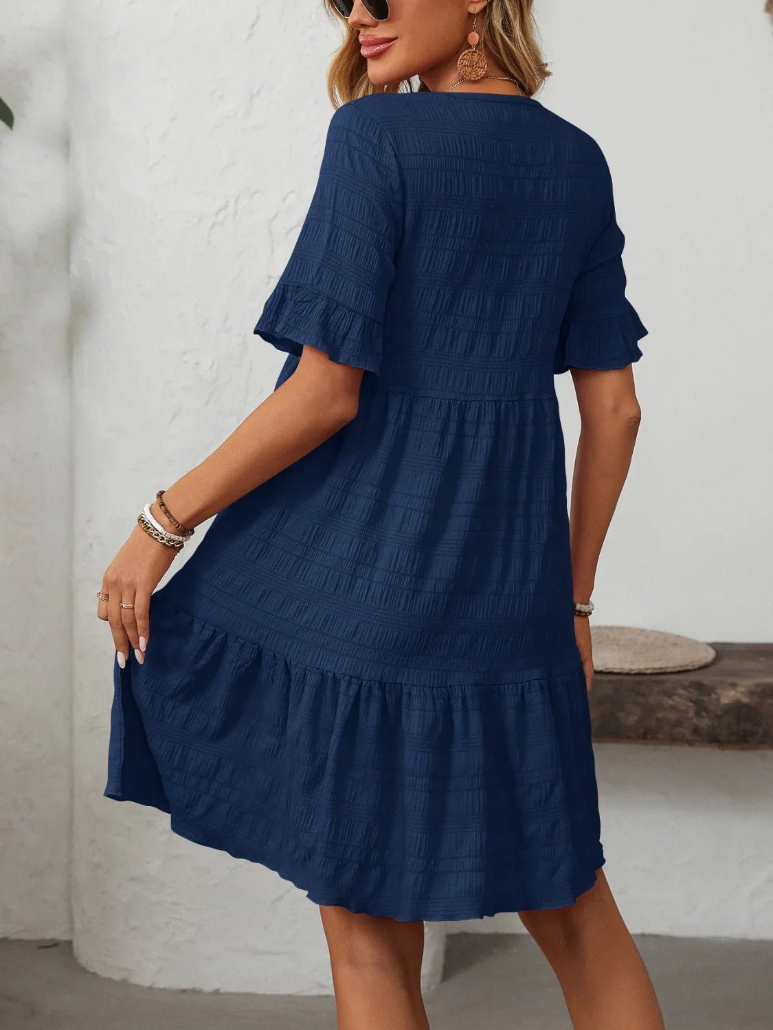 Mandy Ruched Half Sleeve Boho Dress - minbolu