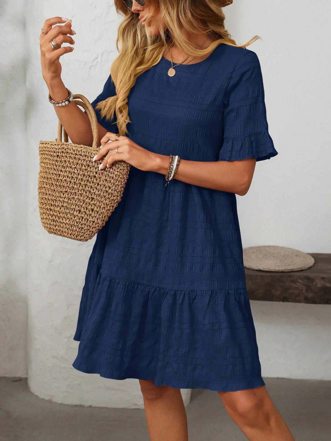 Mandy Ruched Half Sleeve Boho Dress - minbolu -