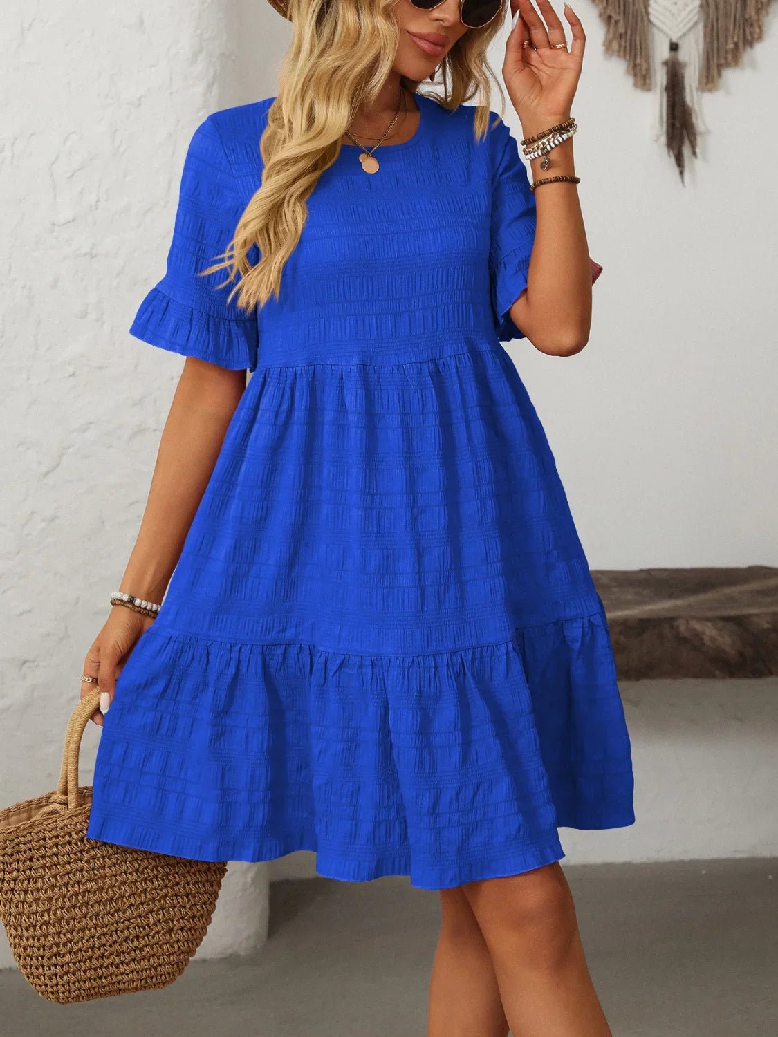 Mandy Ruched Half Sleeve Boho Dress - minbolu
